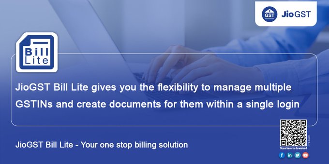 JioGST's tweet photo. Do you face hassles in managing multiple GSTINs? Create documents and manage all your GSTINs in one login with #JioGST Bill Lite.
Download the JioGST Bill Lite for free from here: https://t.co/wn80dkVWks https://t.co/1ea7joIL2O