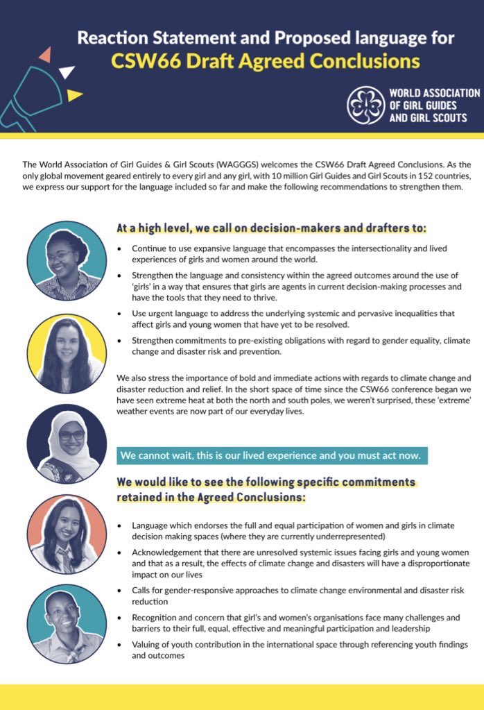 wagggsworld's tweet photo. With policy makers &amp; governments in the final hours of negotiations for #CSW66 's Agreed Conclusions, please take a minute⌚️ to hear what @WAGGGSdelegates have to say 📢 :  

👉 https://t.co/YRHH4Xxt9W👈

Support our positions? RT this.

#BringInTheGirls #GuidesAtCSW @NGO_CSW_NY https://t.co/382iGcLeze