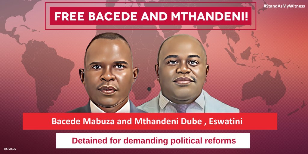 🇸🇿#Eswatini: Bacede Mabuza and Mthandeni Dube have been in detention for at least 8 months for demanding democratic reforms.

Today is their bail hearing. We call for their immediate and unconditional release. #StandAsMyWitness