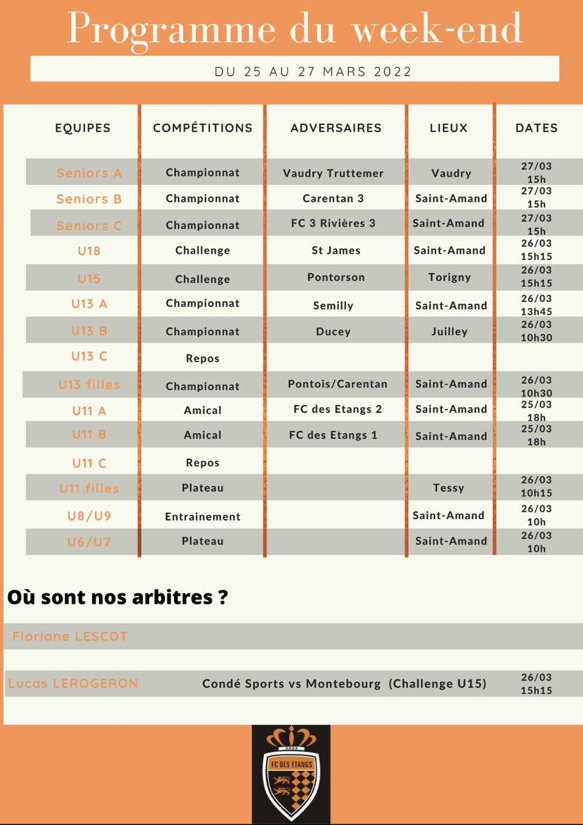 ⚽️PROGRAMME DU WEEK-END⚽️

En ce week-end ensoleillé on vous attend nombreux autour des terrains pour venir supporter nos différentes équipes ! En plus de cela, la quasi totalité des rencontres se jouent à domicile✅