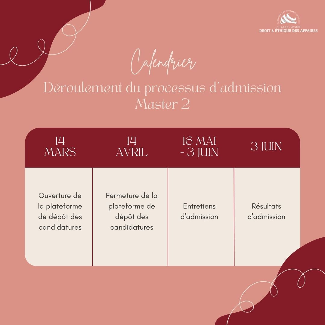 [CANDIDATURES M2DEA] 
Les candidatures sont ouvertes et clôtureront le 14 avril 2022. La liste des admis sera publiée le 3 juin 2022 en vue du placement des étudiants en alternance, avant la fin du mois de juin. 
Informations utiles :masterethique.fr/pg/admission.p…