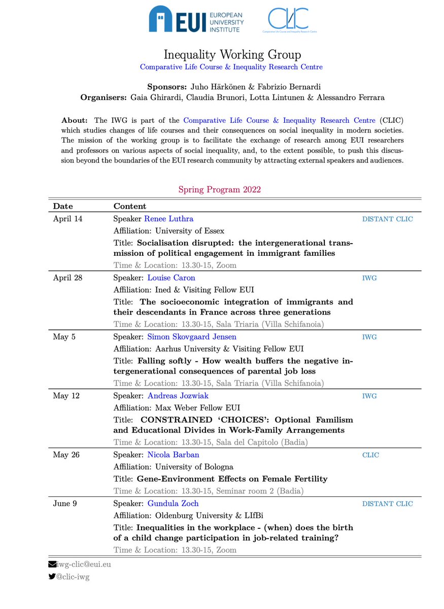 CLIC (@clic_iwg) on Twitter photo Here again with new CLIC seminars:
The 2022 CLIC spring program is out!🔥
Have a look at the program👇
Happy to have all these special guests! ☀️
All our events are in online or hybrid format. Drop us a line at iwg-clic@eui.eu for the Zoom link Here again with new CLIC seminars:
The 2022 CLIC spring program is out!🔥
Have a look at the program👇
Happy to have all these special guests! ☀️
All our events are in online or hybrid format. Drop us a line at iwg-clic@eui.eu for the Zoom link