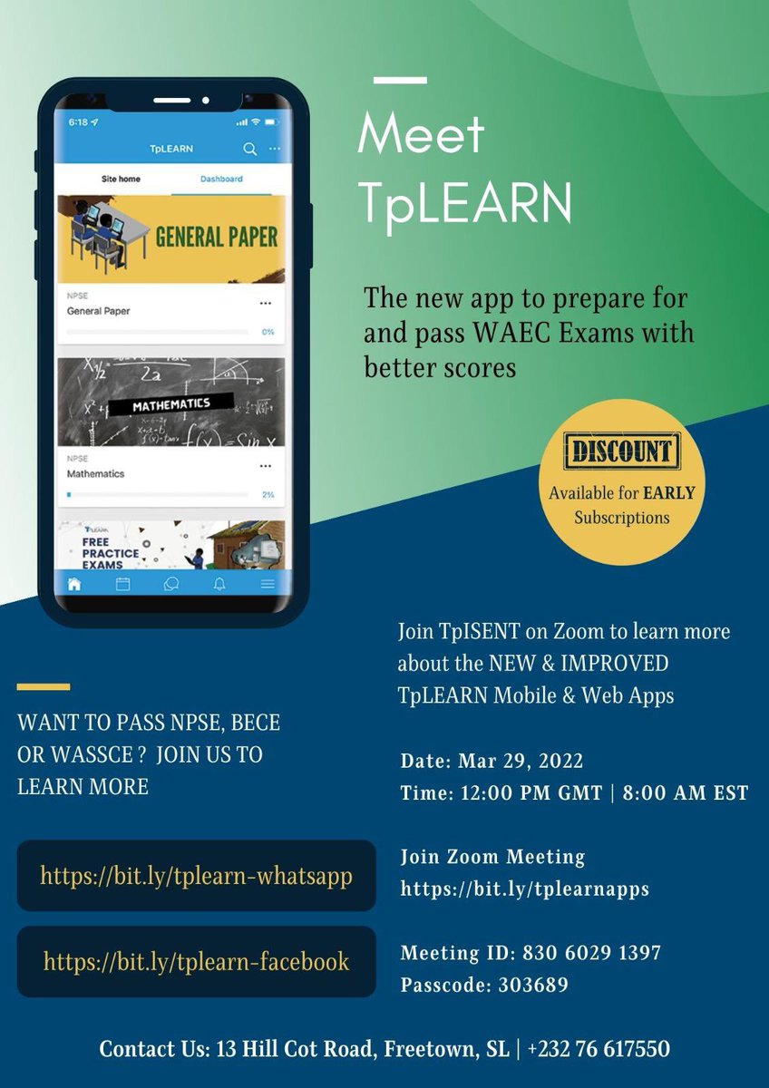 tambalamin's tweet photo. An eLearning App for Primary and Secondary Students in Sierra Leone, and West Africa. Practice using real NPSE, BECE &amp; WASSCE past questions.
“Thanks to TpLEARN, my daughter, who attempted the exams from class 4, scored 319 - Parent, Freetown, Sierra Leone.” https://t.co/gCX8Cef3Vc