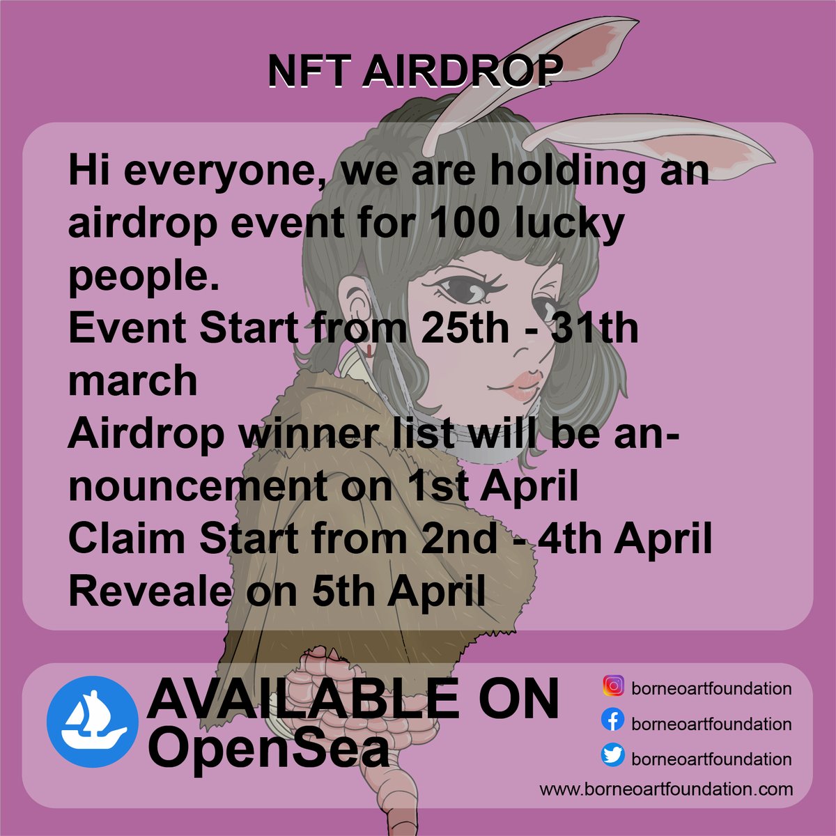 1. Follow facebook facebook.com/Borneoartfound…
2. Follow Instagram instagram.com/borneoartfound…
3. Follow twitter x.com/borneoart_ , like, retweet and tag 3 of your friends in pinned tweets
4. fill the proof in this link forms.gle/y8Fte4Xn1ucxyh…
#NFTGiveaways #NFTdrop #NFTProject