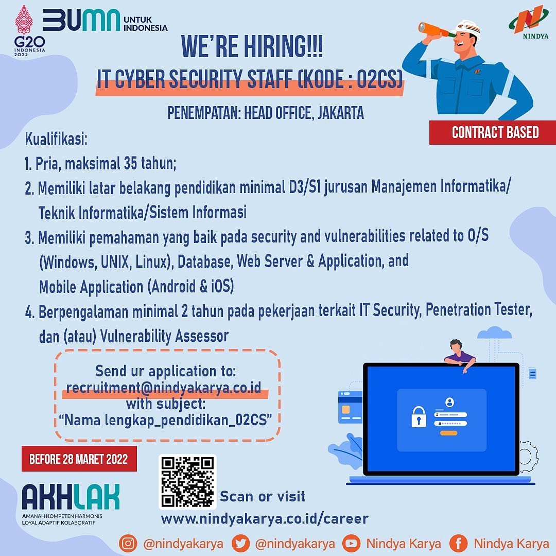 KemnakerRI's tweet photo. Lulusan D3/S1 Manajemen Informatika/Teknik Informatika/Sistem Informasi yuk rapatkan barisan 😉

PT Nindya Karya punya #LokerNaker bagian IT Cyber Security nih bagi Rekanaker yg paham Operating System, Database, Web Server dll

Yuk segera kirim lamaran link di bawah ini 😉 https://t.co/YVsWcnpAhQ