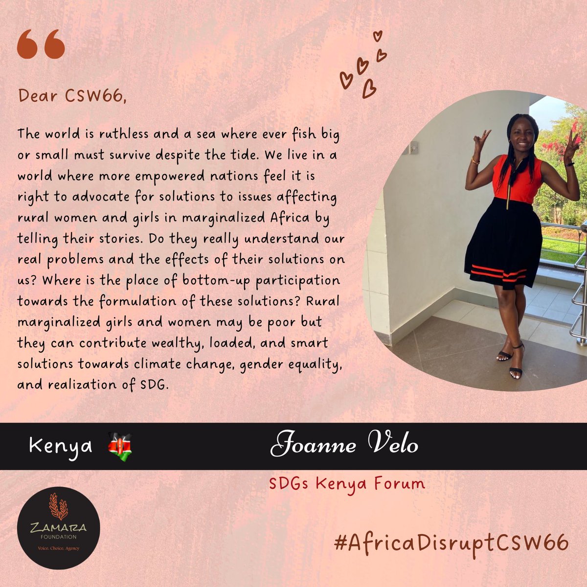 Dear #CSW66,

'Rural marginalized girls and women may be poor but they can contribute wealthy, loaded, and smart solutions towards climate change, gender equality, and realization of SDG.' -Joanne Velo

#AfricaDisruptCSW66 
#CSW66Africa 

@SDGsKenyaForum