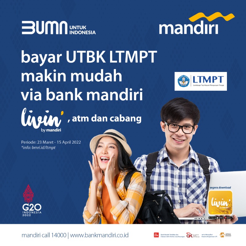bankmandiri's tweet photo. Bayar Ujian Tulis Berbasis Komputer Lembaga Tes Masuk Perguruan Tinggi (UTBK LTMPT) makin mudah melalui Livin' by Mandiri, ATM, atau cabang Bank Mandiri terdekat.

Pembayaran dapat dilakukan hingga 15 April 2022. Info selengkapnya, klik https://t.co/m2Ckb6qK2p

#mandiripromo