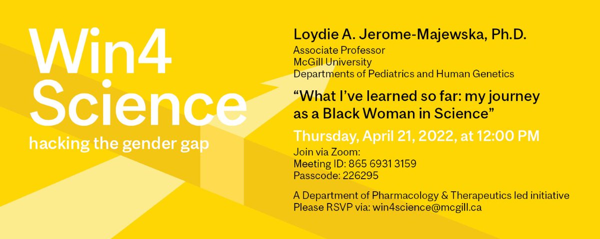 Win4Science's tweet photo. 📣UPCOMING #Win4Science SEMINAR!!!
Join us on Thursday, April 21st at 12 PM to hear Dr. Loydie A. Jerome-Majewska talk about her journey as a Black woman in science!
🗓️Mark your calendars now! Come to listen, learn, and get inspired! ❤️ Details below! https://t.co/CSojQg754l