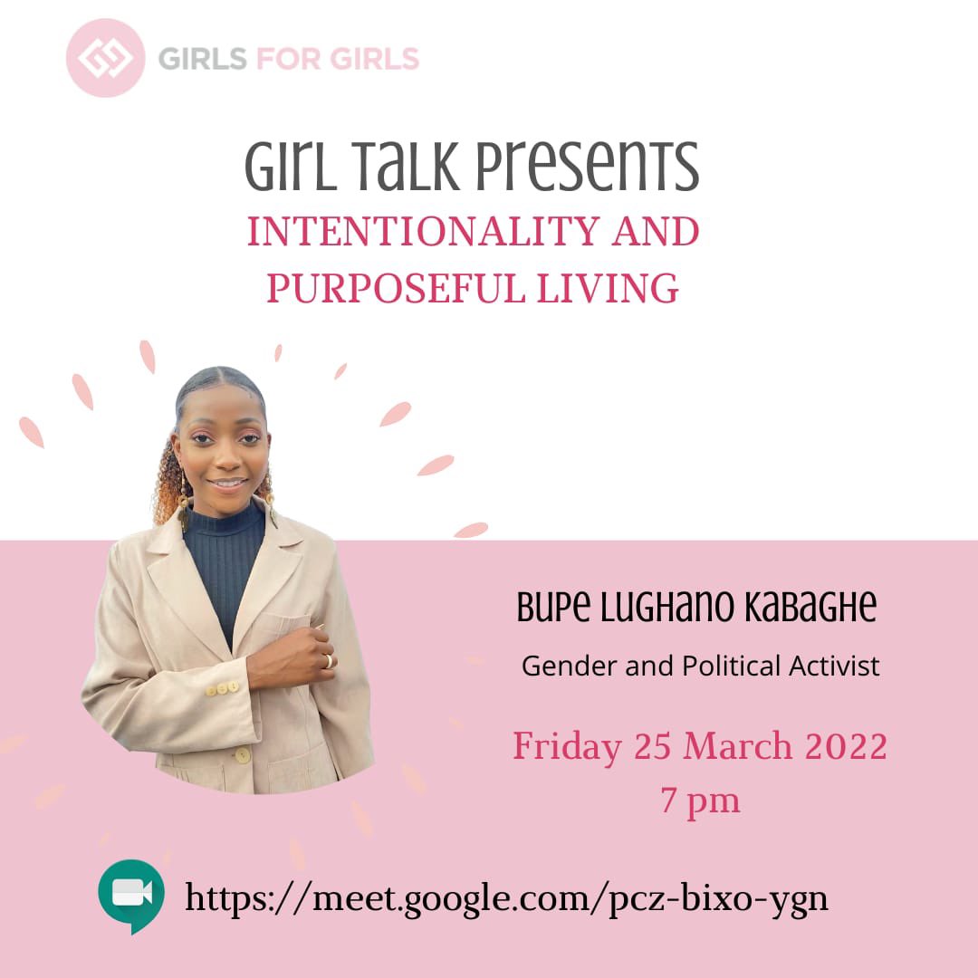 What’s up tonight at 7.30pm? —-> GIRL TALK!!!

We will be joined by our first international guest speaker Miss Bupe Kabaghe to talk about INTENTIONALITY and PURPOSEFUL LIVING.

Join us tonight 7.30pm via link meet.google.com/pcz-bixo-ygn  😉 #MenteeAlumniCommittee