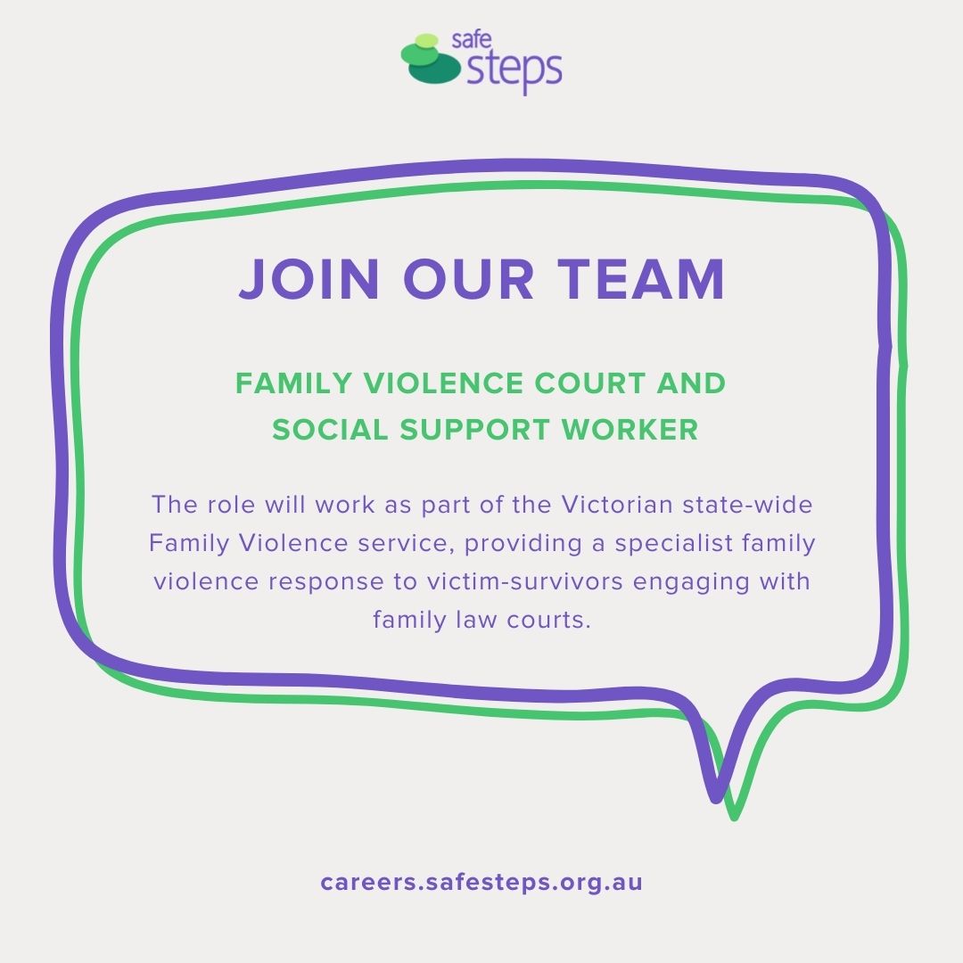 safestepsFV's tweet photo. Join our dedicated team and help make a difference in the lives of people experiencing family violence.
The Role: Family Violence Court and Social Support Worker,
Visit https://t.co/qoHqAvc2cw for more information.
#safesteps #nfpjobs #endfv https://t.co/OpSAZymOVL