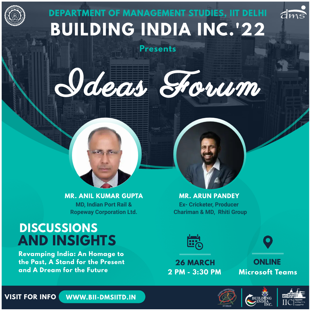 IIC_DMS_IITD's tweet photo. Building India Inc.'22 is delighted to host the prominent speakers for the Ideas Forum. Join for an engaging session, where they share stories and help you understand the importance of an idea.
@DMSIITD
@iitdelhi
#dmsiitd #iitd #iitdelhi #bii #conclave #leadership #summit #mba https://t.co/uuFtmNQ9pk