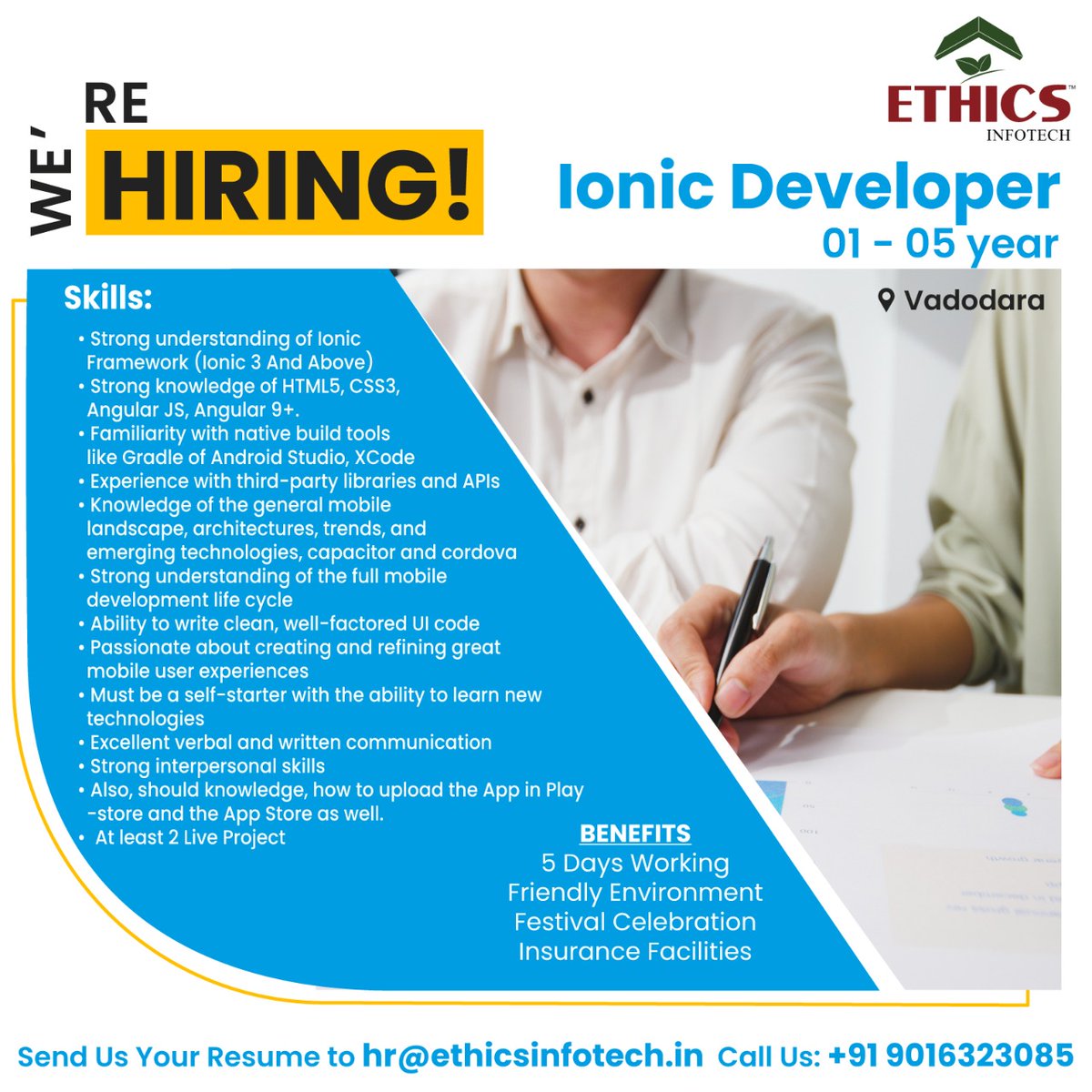 InfotechEthics's tweet image. Our company needs a talented Ionic Developer like you to build our mobile app. If you have knowledge of the framework and can code in Angular9+ and HTML5/CSS3, we want you to apply right away!
Drop your resume on: hr@ethicsinfotech.in
#ionicdevelopersjob #Ionicdevelopers #job