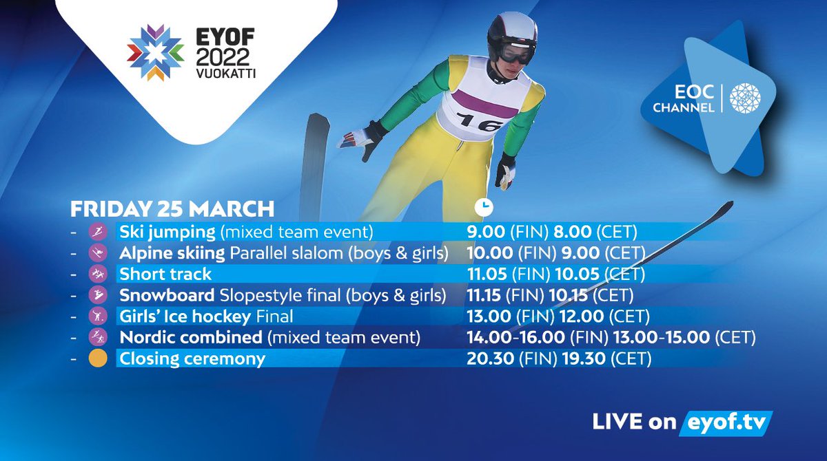 Day 5️⃣
Live streaming available on eyof.tv 

#EYOFVuokatti2022 #EYOF #EOC #ReadyToShine #InspiringSportInEurope