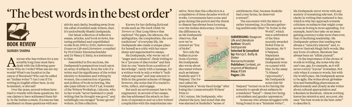 writerly_life's tweet photo. Someone who always struggled with being boxed in as a “feminist writer”, Ms Deshpande never wrote with any anxiety of remaining relevant.
My review of #Subversions, essays by #ShashiDeshpande, edited by #NancyEBatty and #DieterRiemenschneider. @ContextIndia @WestlandBooks https://t.co/nDftRJ3Z9D