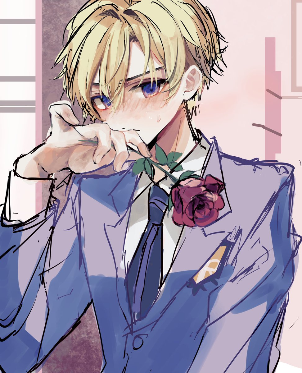 blonde hair flower 1boy rose male focus blue eyes solo  illustration images