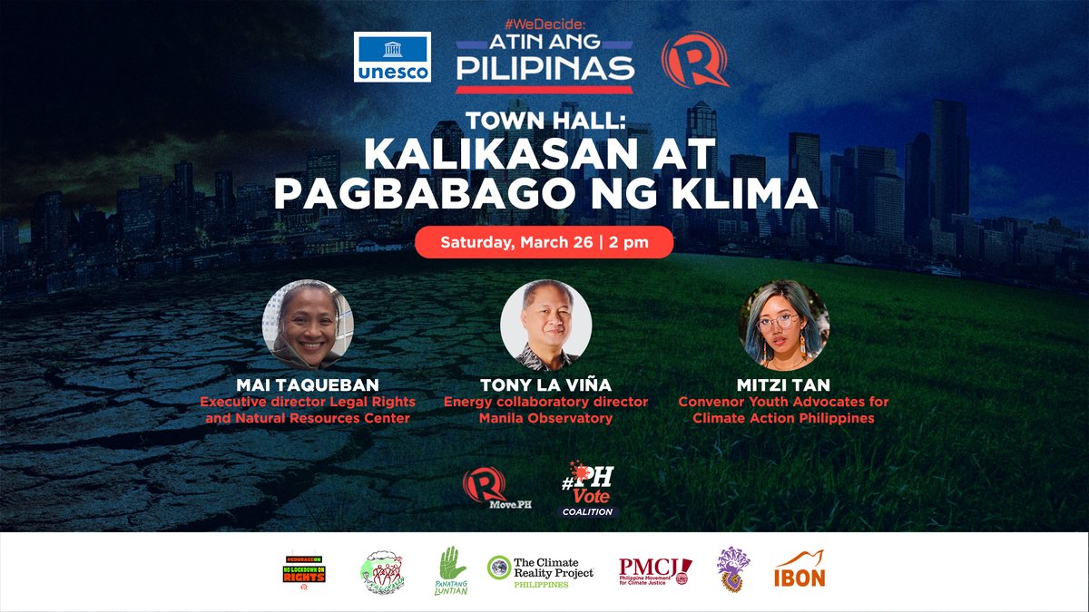 Join us tomorrow for the #AtinAngPilipinas town hall on the Environment and Climate Change. 

Our speakers are Tony La Viña of the Manila Observatory, Mitzi Tan of Youth Advocates for Climate Action Philippines, and  Mai Taqueban of the Legal Rights and Natural Resources Center.