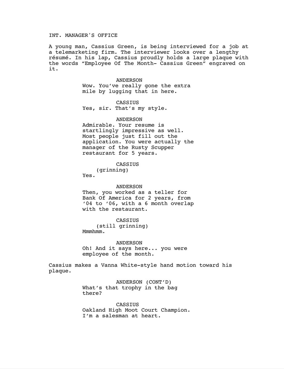 One_PerfectPage's tweet image. Sorry to Bother You (2018) Written by Boots Riley

White Draft dated 5/17/17, Page 1