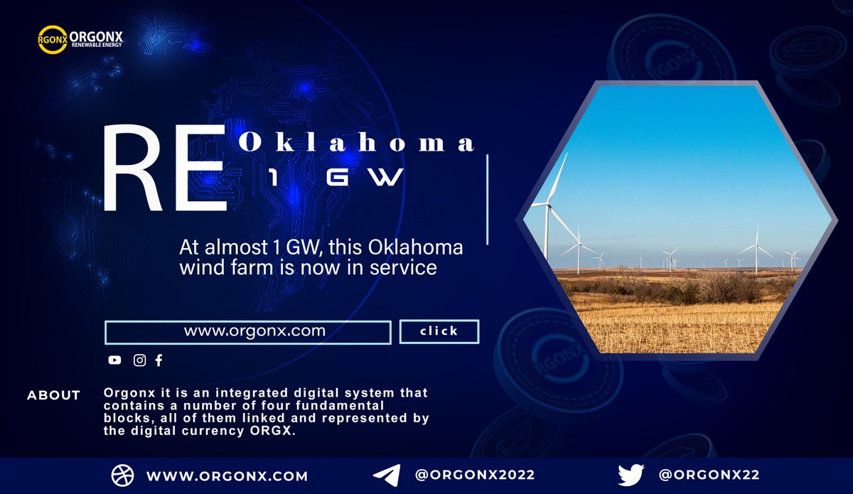 Oklahoma’s 1 GW #windFarm is now in service, becoming one of the largest wind farms in operation in the US 
orgonx.com
renewableenergyworld.com

#renewableEnergy #Sustainability #Bitcoin #BinanceBlockchainWeek #ElonMusk #Duke #Gonzaga #GasCash #Ginni_Thomas #WorldCup