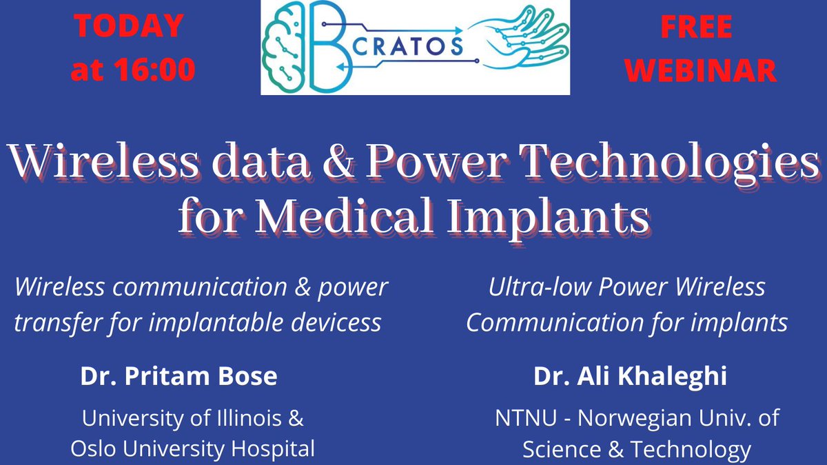 b_cratos's tweet photo. 🔔Join us at 16:00 CET TODAY !
@b_cratos "Wireless data and Power Technologies for Medical Implants" Free Webinar 
👉Register: https://t.co/Za9KXV91VG 
Introduction by @robinaugustin01 - @UU_University  - B-CRATOS Coordinator
@IBalasingham #wirelesscommunications #wirelessdata https://t.co/zTuBGLyxxG