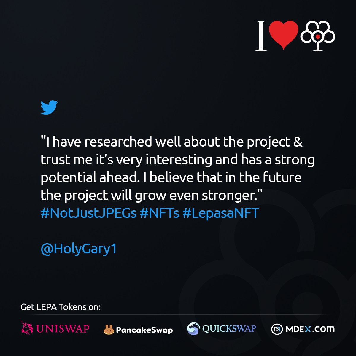 Lepasaorg's tweet photo. "I have researched well about the project &amp; trust me it’s very interesting and has a strong potential ahead. I believe that in the future the project will grow even stronger."
#NotJustJPEGs #LepasaNFT
@HolyGary1

#Lepasa ❤️ You

#Metaverse #Lepaverse #NFTCommunity #NFTProject https://t.co/Tgw01CGpnx