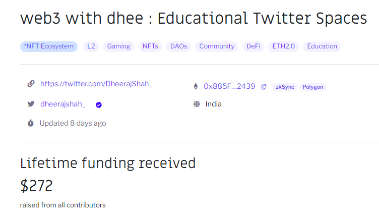 DheerajShah's tweet photo. My first @gitcoin Grant!
I got $272 in from strangers for #Web3WithDhee, educational Twitter spaces we do :)

Thank you for your contributions @bee_926 @RageOfPotato, @lahcen_kha , @0x42069 @0xjoshua , @_McKennedy_ ,@0xr2m , @lxpzurich, @DePayPaul 

What I learned 👇 https://t.co/bO188LJvgf