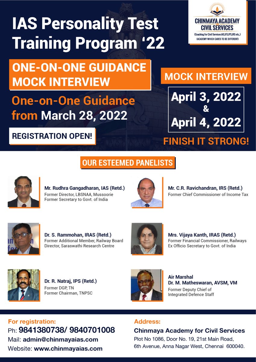 chinmayaacademy's tweet image. One-on-one guidance from March 28, 2022.
Mock Interview on April 3 &amp;amp; 4, 2022.

Registrations Open!

Click chinmayaias.com/mock-interview… to register. 👈

Call us at +91 – 98413 80738 / +91 – 98407 01008 for more details.

#chinmayaiasacademy  #iasmockinterview