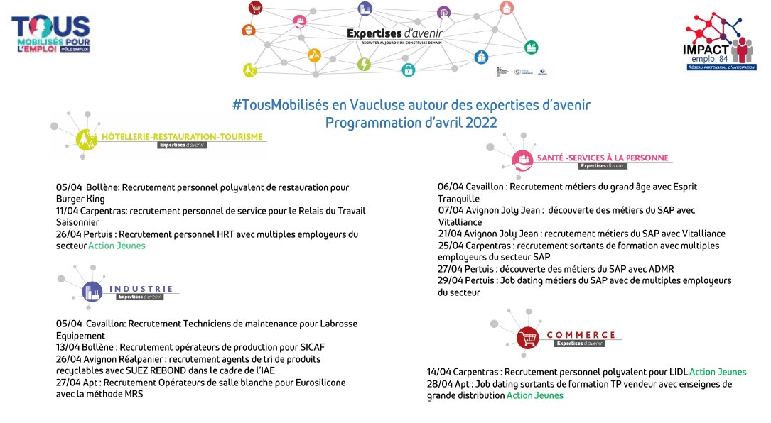 🗓️[𝗥𝗲𝗻𝗱𝗲𝘇-𝘃𝗼𝘂𝘀] Régulièrement, chacune des agences Pôle emploi du #Vaucluse organise des actions autour des "Expertises d'avenir" pour faciliter la rencontre entre candidats et recruteurs. Découvrez le programme pour le mois d'𝗮𝘃𝗿𝗶𝗹 𝟮𝟬𝟮𝟮 !
#TousMobilisés
