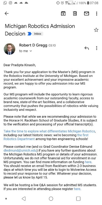 Akadnah's tweet photo. Siang mas @budimandjatmiko, anak saya lulus cumlaude S1 ELIN UGM '21, diterima di Univ of Michigan, program MS Robotics, USA.
Jurusan yang sangat bergensi di Univ rank 19 world best univ. Dengan kapasitas &amp; concern mas Bud thdp anak muda, apa dibantu spy dapat beasiswa LPDB. Tks https://t.co/QdJ7L0XI3N