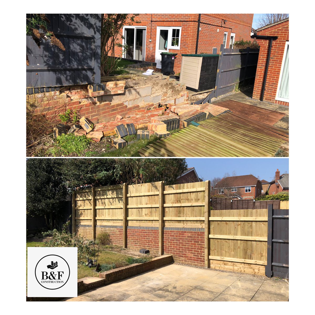 B_FConstruction's tweet photo. Local wall and fencing rebuilt 👌#fencing #springtime #gardenwall @B_FConstruction #closeboardedfence https://t.co/9Zf7QiWOMh