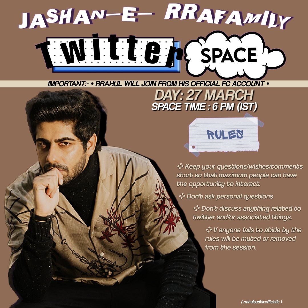 OfficialRraSFC's tweet photo. Hi Fam!
We all know well that Rrahul Sir is going to complete 6 years in industry on 27 march, to celebrate this day well we have planned a trend together with a space session with none other than Rrahul Sir via the twitter id of Official Fanclub of Rrahul Sudhir

#RrahulSudhir https://t.co/je4VcKeAgJ