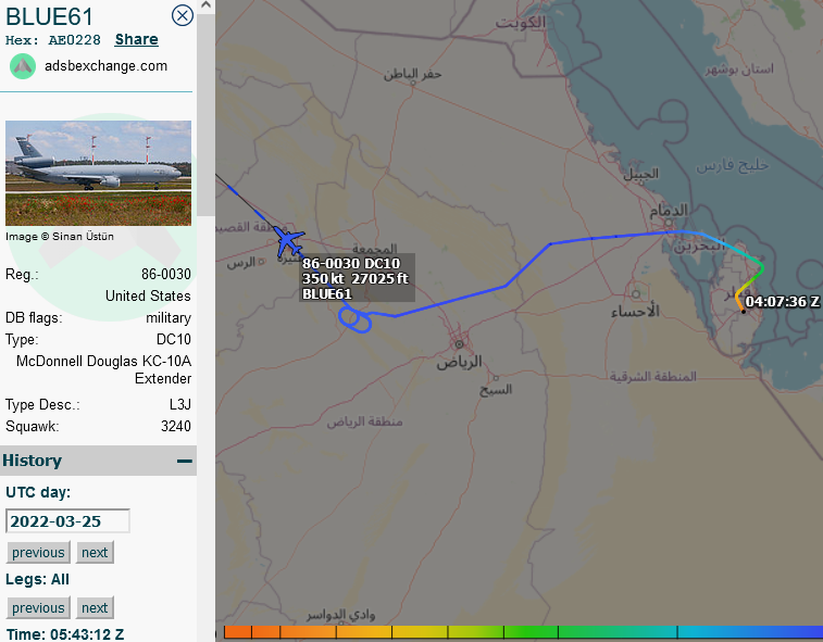 SirListenalot's tweet photo. ~0530z #KC10 #AE0228 as #BLUE61 from Al Udeid to Rota picked up chicks (#USMC #F18's?) northwest of Prince Sultan. I expect #KC46 #AE5E07 as #BLUE62 to join in out of Souda Bay later https://t.co/M7ksADb9Tm