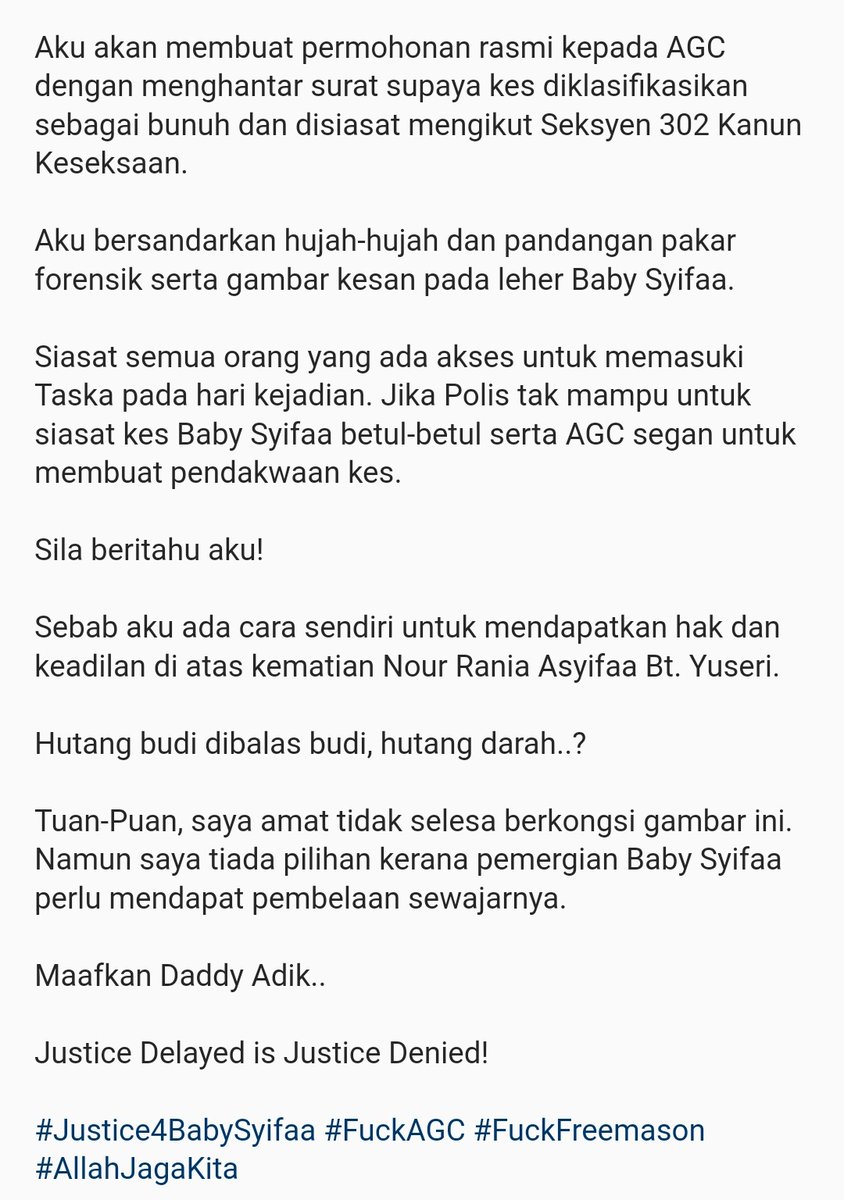 nasrmediamy's tweet photo. 32 hari selepas pemergian baby syifaa. Masih tiada tangkapan dibuat. Semoga kematian #babysyifaa terbela. Manusia paling pukimak adalah manusia yg pukul dan dera budak. https://t.co/sZMdslndkN