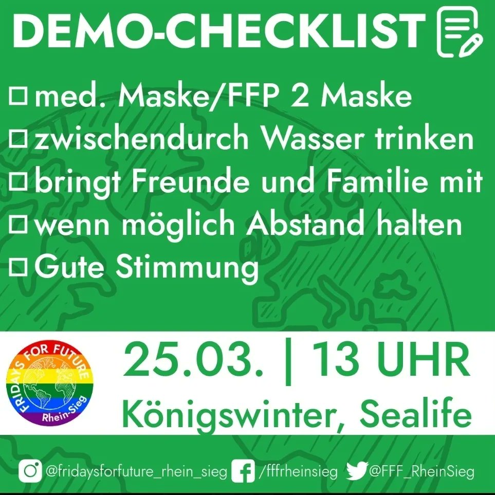 FFF_RheinSieg's tweet photo. HEUTE
Königswinter, am Sealife/Rathaus
13 UHR
Mit Laufdemo nach Bad Honnef zum Rathausplatz!
Wir freuen uns!!💚💚💚 https://t.co/N8qCAppAB5