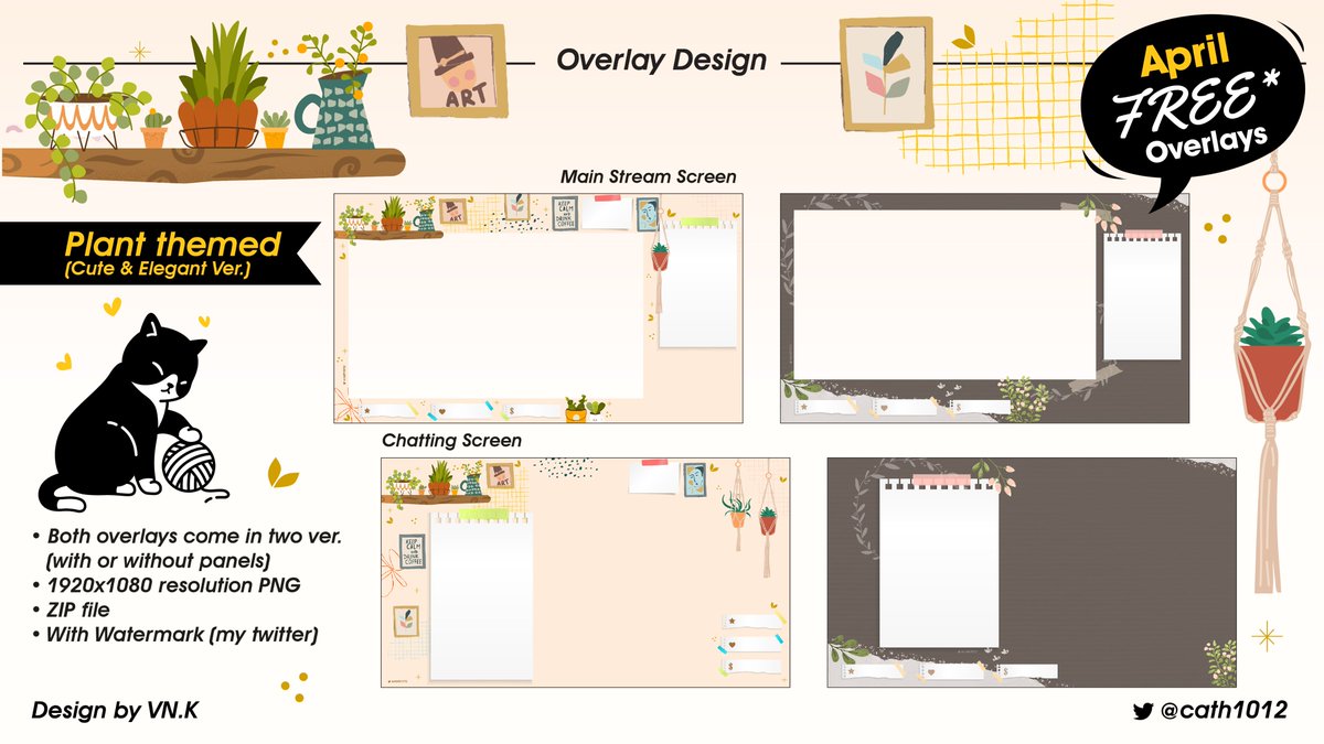 cath1012's tweet image. 🐱Monthly FREE Streaming Overlay🐱

April 22 🌱
- Plant themed (Cute &amp;amp; Elegant Ver.)
- Main Stream &amp;amp; Chatting Overlays

Download it here:
ko-fi.com/s/2aefae8505 ☕️

Theme suggested by @naiichie 

#vtuber #VTuberAssets #Vtuber素材 #overlays #commissionsopen