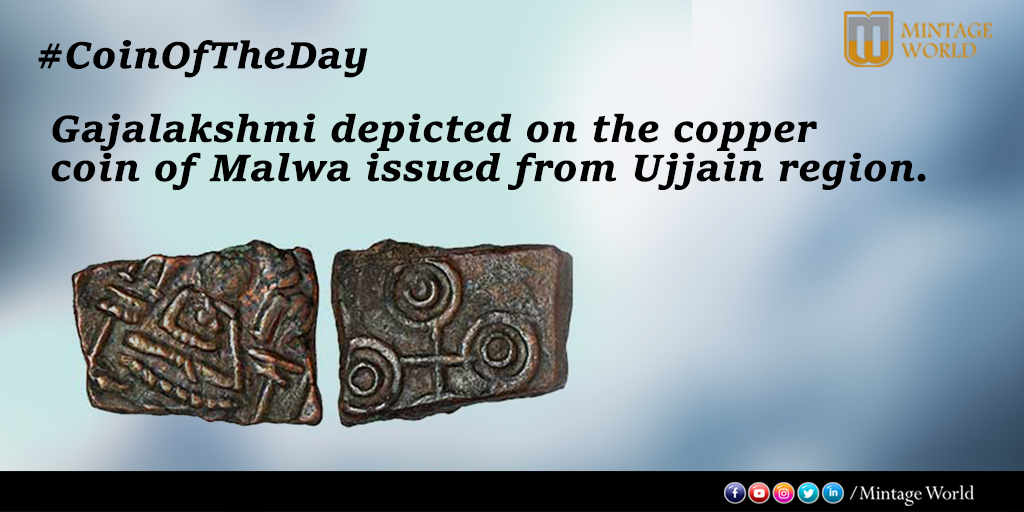 MintageWorld's tweet photo. This #coppercoin; which weighs around 3.5g was issued by Ancient #Malwa from the region of #Ujjain.
The obverse of this coin depicts ‘#Gajalakshmi seated cross-legged in the centre, flanked by two elephants standing on lotuses.
Know more>https://t.co/KT7K7hBikt https://t.co/MHyVRYAxVp