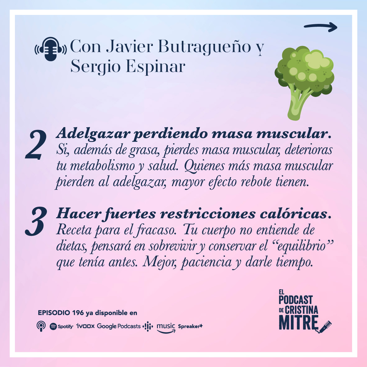cristinamitre's tweet photo. 👉 10 grandes errores sobre pérdida de grasa, con @javierbutra y @Sergio_Espinar . 
🎧 https://t.co/zltYQSJduX
#podcastenespañol #elpodcastdecristinamitre #pérdidadegrasalocalizada #ejerciciosquemagrasa https://t.co/PS8hnNuje4