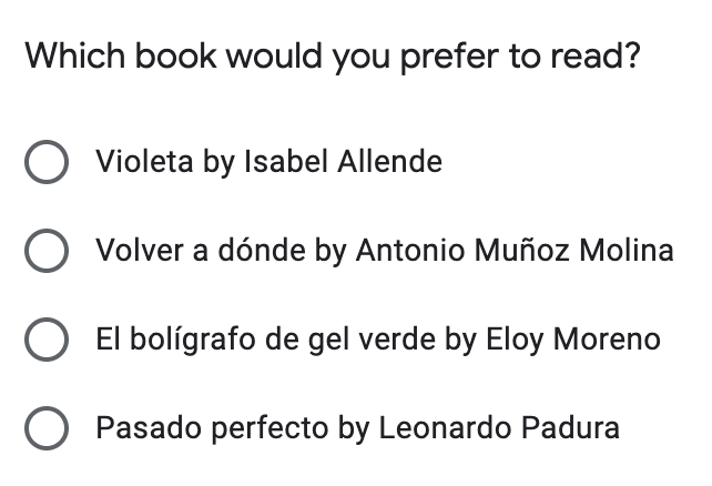 Here are our options for the next #SpanishBookclub 🇪🇸📚 - let me know if you'd like to join in! #mfltwitterati