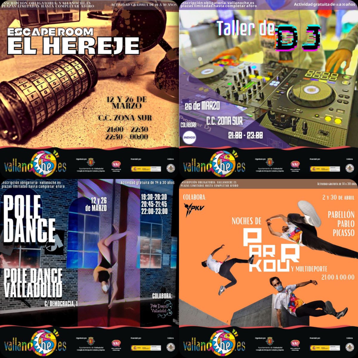 vallanoche's tweet photo. Comienza el Fin de semana de Ocio Alternativo Con VallaTarde (11 a 14 años) &amp; VallanoChe (14 a 30 años) disfruta 🤖👩🏻‍💻🤼‍♀️🤸‍♀️🧱👾🎭🎪🎲🎧🕺🔵🕵🏼‍♀️🧑🏻‍🎤😂🐓actividades gratuitas,plazas limitadas,inscripción +info: https://t.co/6FeJIrccBF 😷👏🏻💪🤩 https://t.co/AAYvAGC1Nr