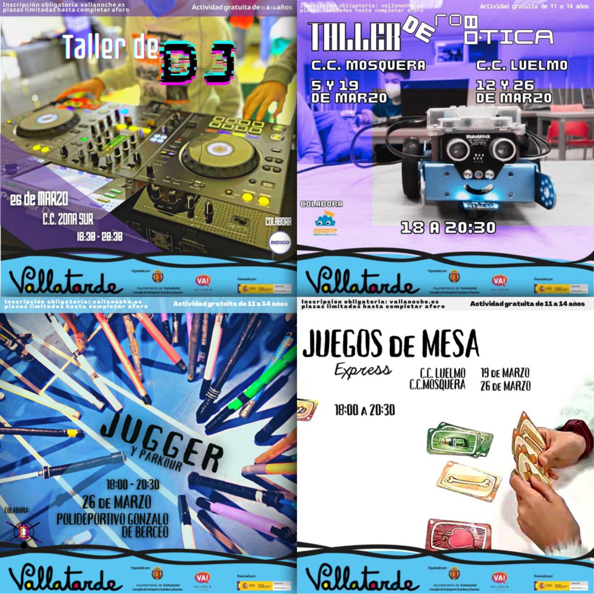 vallanoche's tweet photo. Comienza el Fin de semana de Ocio Alternativo Con VallaTarde (11 a 14 años) &amp; VallanoChe (14 a 30 años) disfruta 🤖👩🏻‍💻🤼‍♀️🤸‍♀️🧱👾🎭🎪🎲🎧🕺🔵🕵🏼‍♀️🧑🏻‍🎤😂🐓actividades gratuitas,plazas limitadas,inscripción +info: https://t.co/6FeJIrccBF 😷👏🏻💪🤩 https://t.co/AAYvAGC1Nr