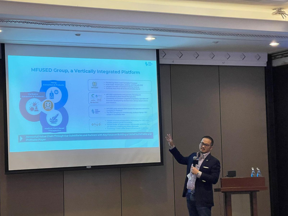 Oleolife's tweet photo. “CBD and plant-based therapeutics are the future of wellness”, says Philip Yin, Oleo Life Director at the #CannabisBusinessAsia 2022 panel, alongside with MFUSED Group and DOD Biotech. Thanks to @wcbleaders for another successful event on Asia Pacific cannabis business. https://t.co/ZxLd8yetGP