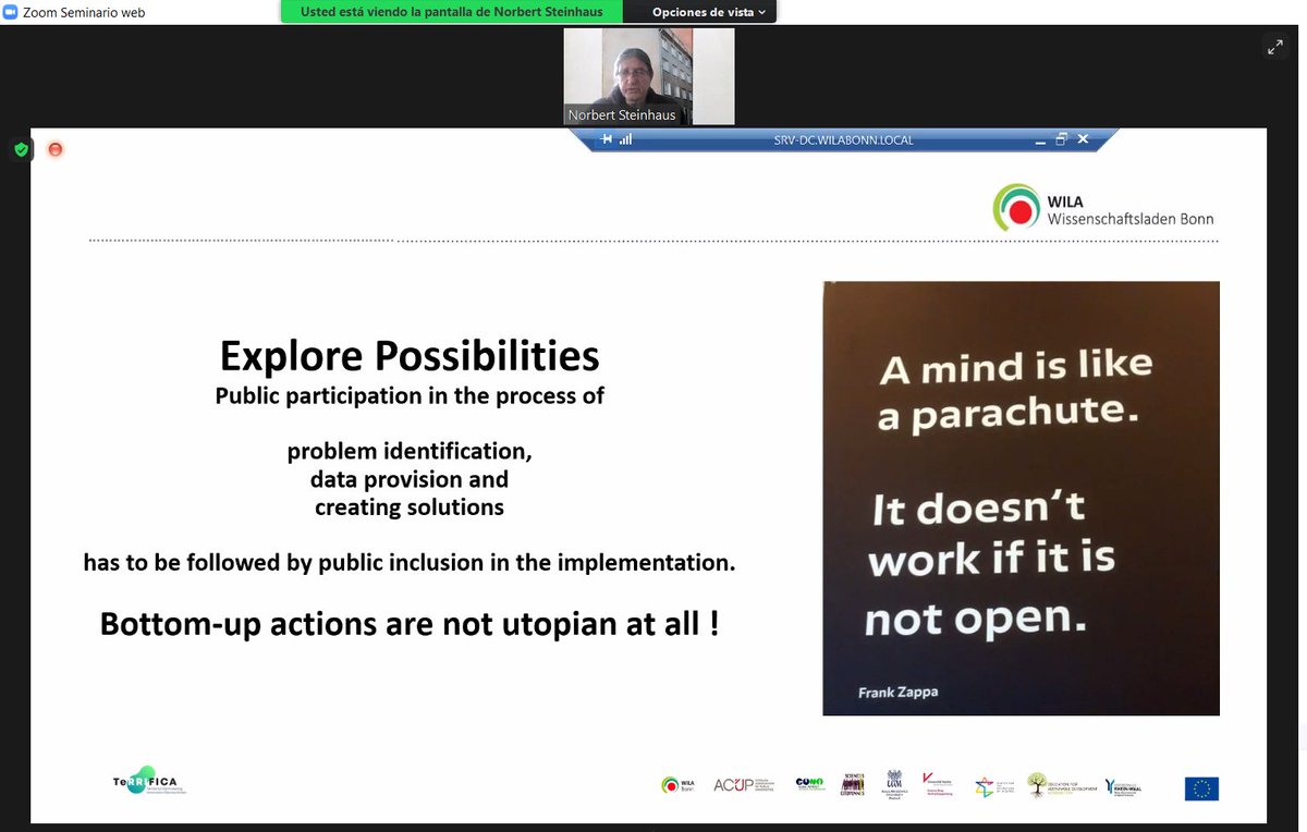 "A mind is like a parachute. It doesn't work if it is not open" (Frank Zappa) ✨🌟

Always glad to listen to N.Steinhaus <a href="/ScienceShops/">Living Knowledge Net</a> <a href="/TeRRIFICA_/">TeRRIFICA project</a>. Today we are at the 'Citizen knowledge and climate change' seminar with <a href="/MasterMehmed/">Master in Mediterranean Environmental Change</a> @QuimBrugue.

#RRI #CoCreation #ClimateChange
