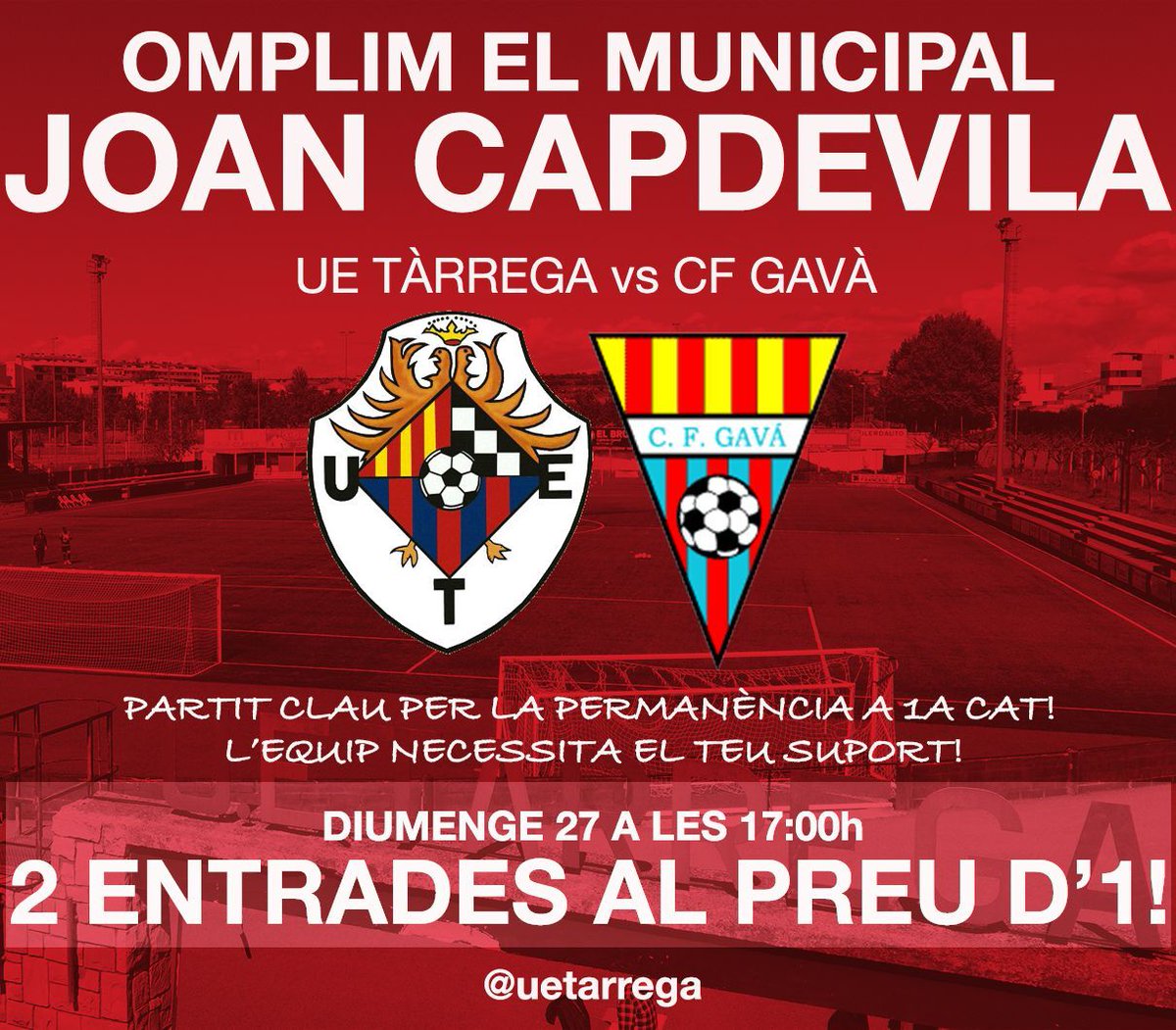 CiscoTalladell's tweet photo. La @UETarregavol vol que diumenge tots els aficionats blaugrana siguin a les 5 de la tarda al Mpal.Joan Capdevila per donar suport a l’equip, en un partit tant important per la permanència que jugaran enfront del CF Gavà. Per això, les entrades 2 al preu d’1 https://t.co/4kkNR1UfKs