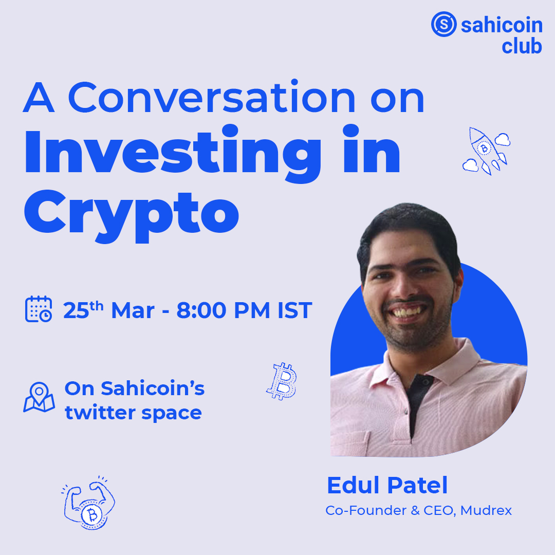 Are you a crypto enthusiast and want to know how to create a winning portfolio?

Join <a href="/melbint04/">Melbin (melbin.eth)</a> (Co-founder, <a href="/sahicoin/">Sahicoin</a>) in his conversation with <a href="/Dul_dul/">Edul Patel 🍊 | duldul.eth</a> (CEO &amp; Co-founder <a href="/officialmudrex/">Mudrex</a>) on their journey as crypto investors on Sahicoin Club's Twitter Space today at 8PM today