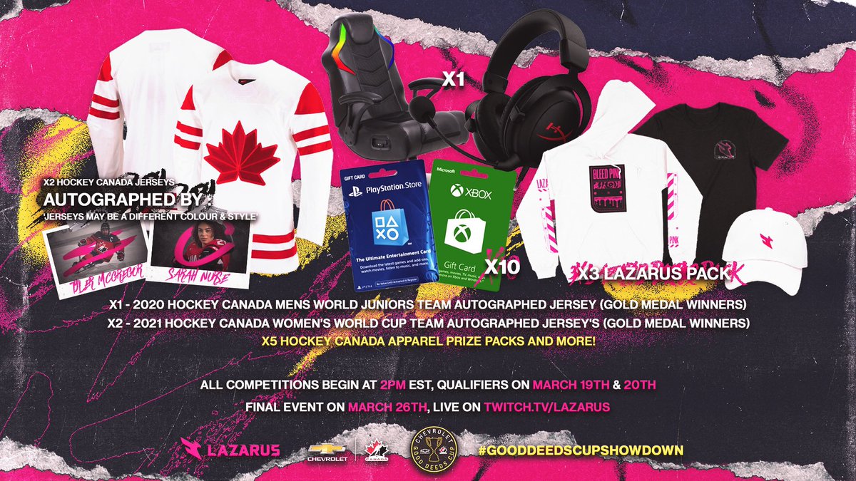 Lazarus's tweet photo. LIVE THIS SATURDAY @ 2pm ET.

The Top 8 Finalists compete in the @ChevroletCanada Good Deeds Cup NHL ’22 Shootout Showdown.

Celebrity Judges @nursey16, @Steve_Dangle &amp; @Arda score all the action + many prizes to enter.

#GoodDeedsCupShowdown only on 👉 https://t.co/c8O8diDiqv https://t.co/PxPDYMwr7c