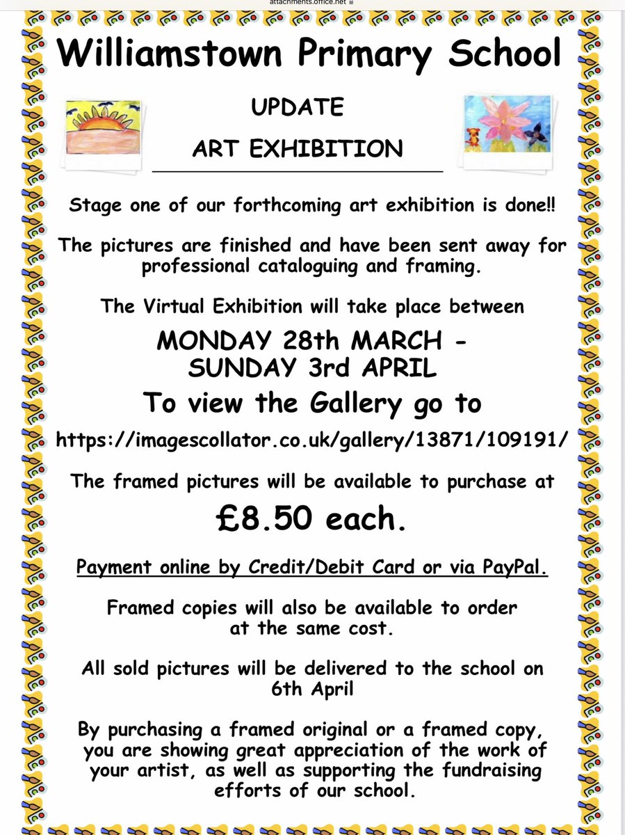 Our Virtual Art Exhibition has arrived!  imagescollator.co.uk/gallery/13871/….  Please take a look at all of the beautiful artwork created by our pupils. 
To find and buy your own child’s artwork type in your child’s first name plus the initial of their surname.
