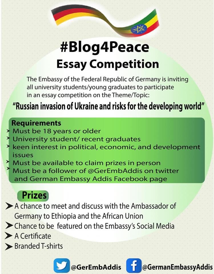 GerEmbAddis's tweet image. 🔈 🔊 CALLING ON UNIVERSITY STUDENTS/YOUNG GRADUATES ❗️

Are you a young graduate with keen interest for politics and international affairs? Check out the flyers below 👇 and submit your essay before the deadline.

#blog4peace