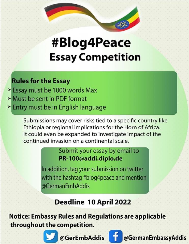 GerEmbAddis's tweet image. 🔈 🔊 CALLING ON UNIVERSITY STUDENTS/YOUNG GRADUATES ❗️

Are you a young graduate with keen interest for politics and international affairs? Check out the flyers below 👇 and submit your essay before the deadline.

#blog4peace