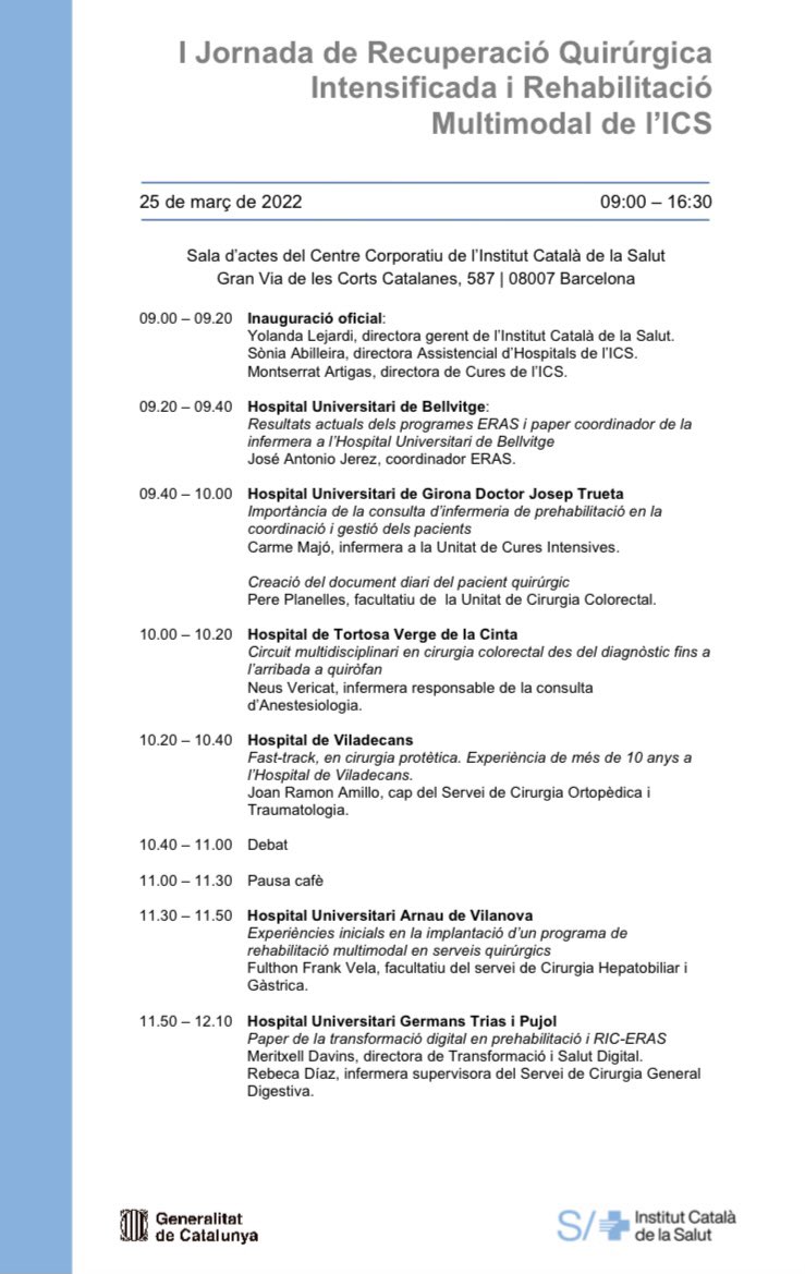 Todo listo para🚀 las sesiones de la I Jornada de Recuperacion Quirurgica y Rehabilitacion Multimodal del ICS. Enllaços al canal de l’ICS
Sessió de matí: youtu.be/NZDs3g7LftM Sessió de tarda: youtu.be/l2Ma6QBtSjY <a href="/SCatCir/">Societat Catalana de Cirurgia</a> <a href="/aecformacion/">AEC Formación</a> <a href="/harnaulleida/">Hospital Universitari Arnau de Vilanova</a> <a href="/Hbp_EgLleida/">Cirugía HBP y Gástrica H. Arnau de Vilanova Lérida</a>