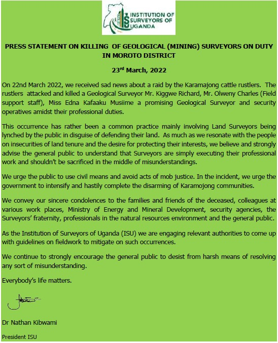 SurveyorsofUG's tweet photo. ISU Press Statement on Killing of Geological(Mining) Surveyors in Karamoja Region. https://t.co/X8bR1jrLj3