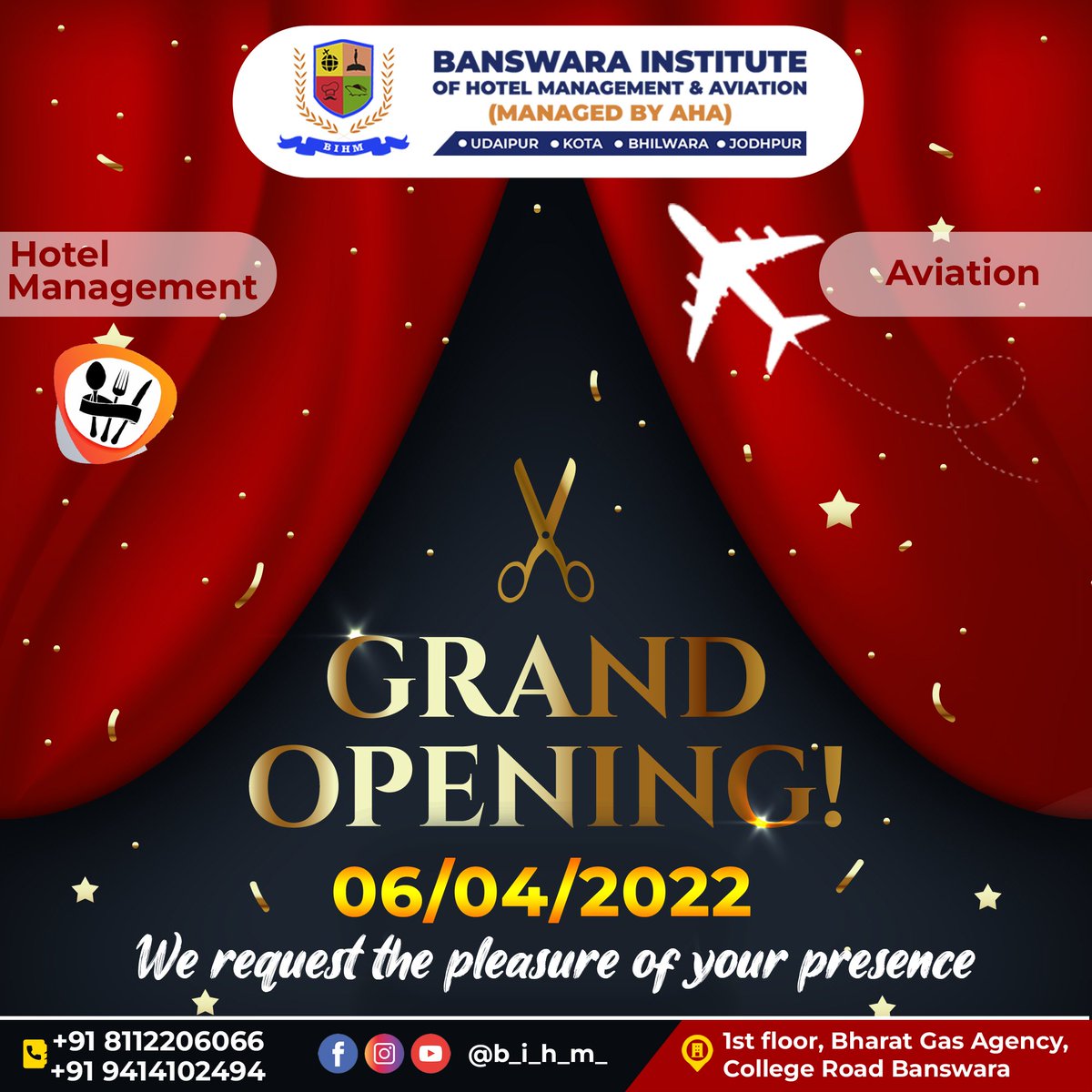 AHAINDIA1's tweet photo. Were you looking for an Institute for Hotel Management and Aviation Course?

Wait... Your search stops here.

We BIHM are coming in you city Banswara with a brand new institute on 06/04/2022 at 1st Floor Bharat Gas Agency, College Road Banswara. https://t.co/ioY7FJlvvl